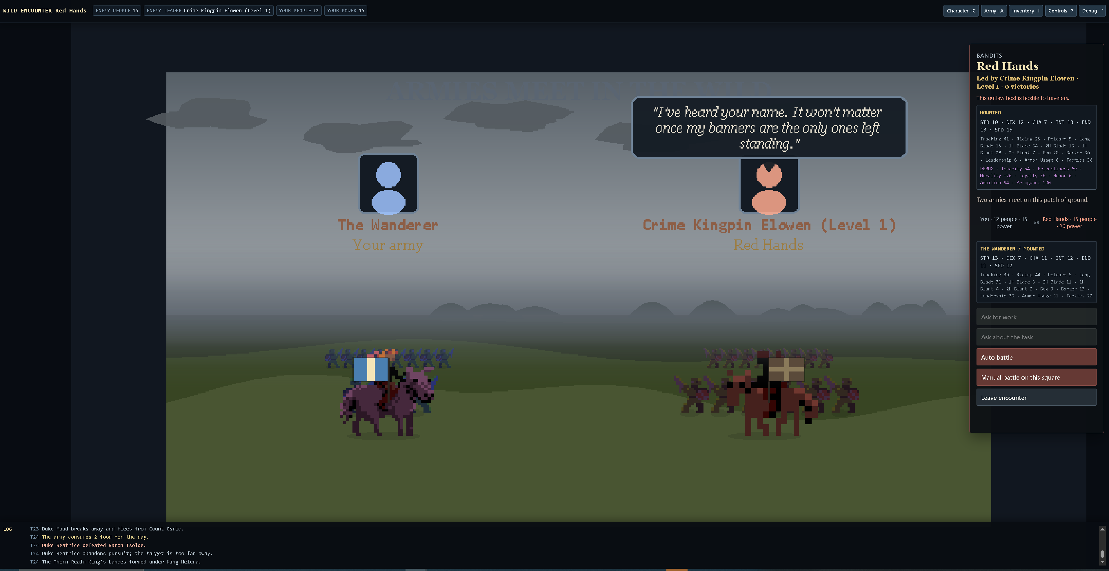 A wild encounter against the Red Hands bandits, showing both armies' formations and leader portraits